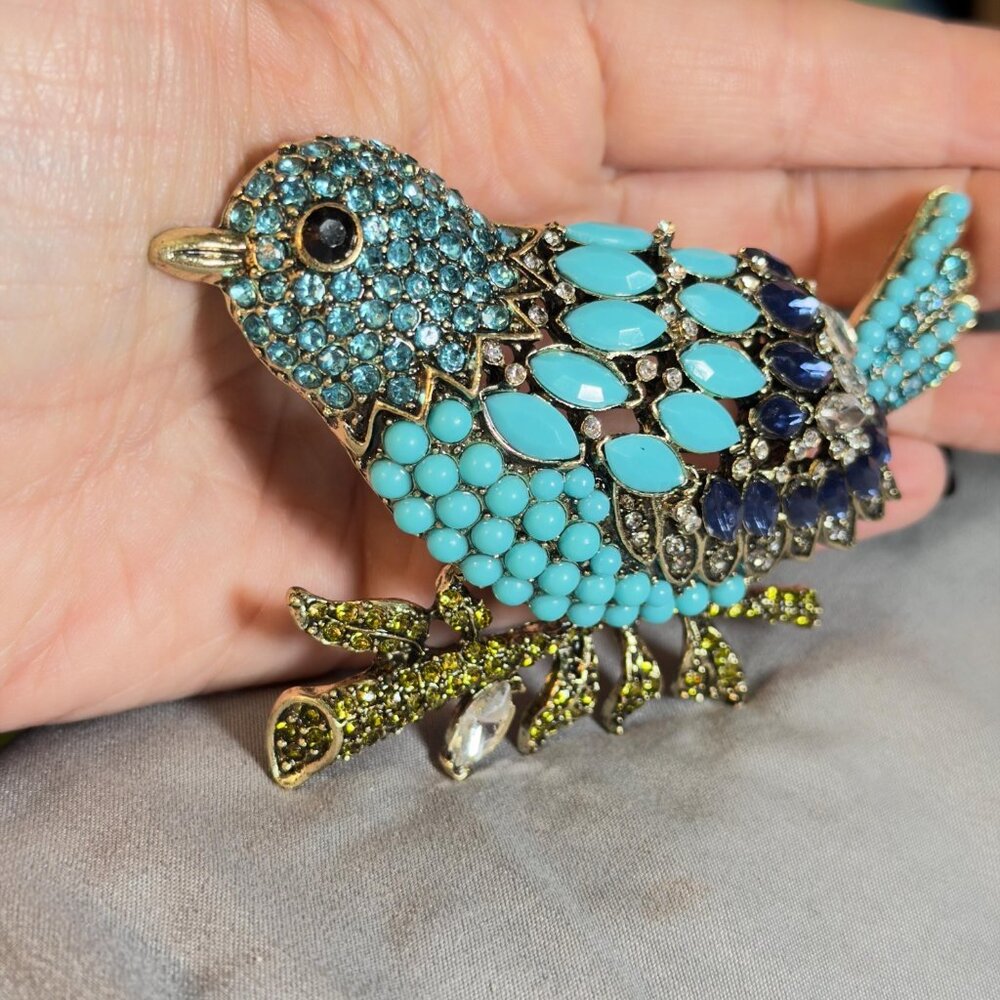 Bird Brooch Blue Rhinestone Statement Pin Openwork 4 Inch - Picture 7 of 7